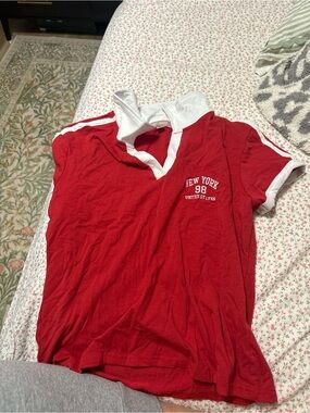Red Polo-Style  Shirt with White Trim - New York 98 Graphic